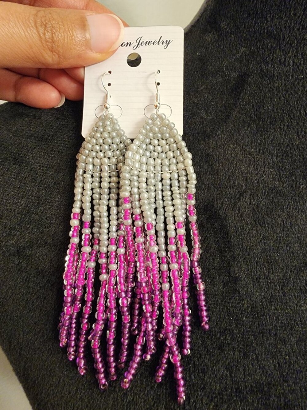 Silver & Berry Ombre Seed Bead Fringe Statement Earrings